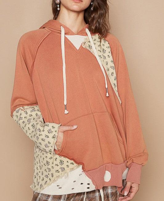 POL Hoodie Floral Ochre Patchwork Hooded Oversized Pocketed Long Sleeve