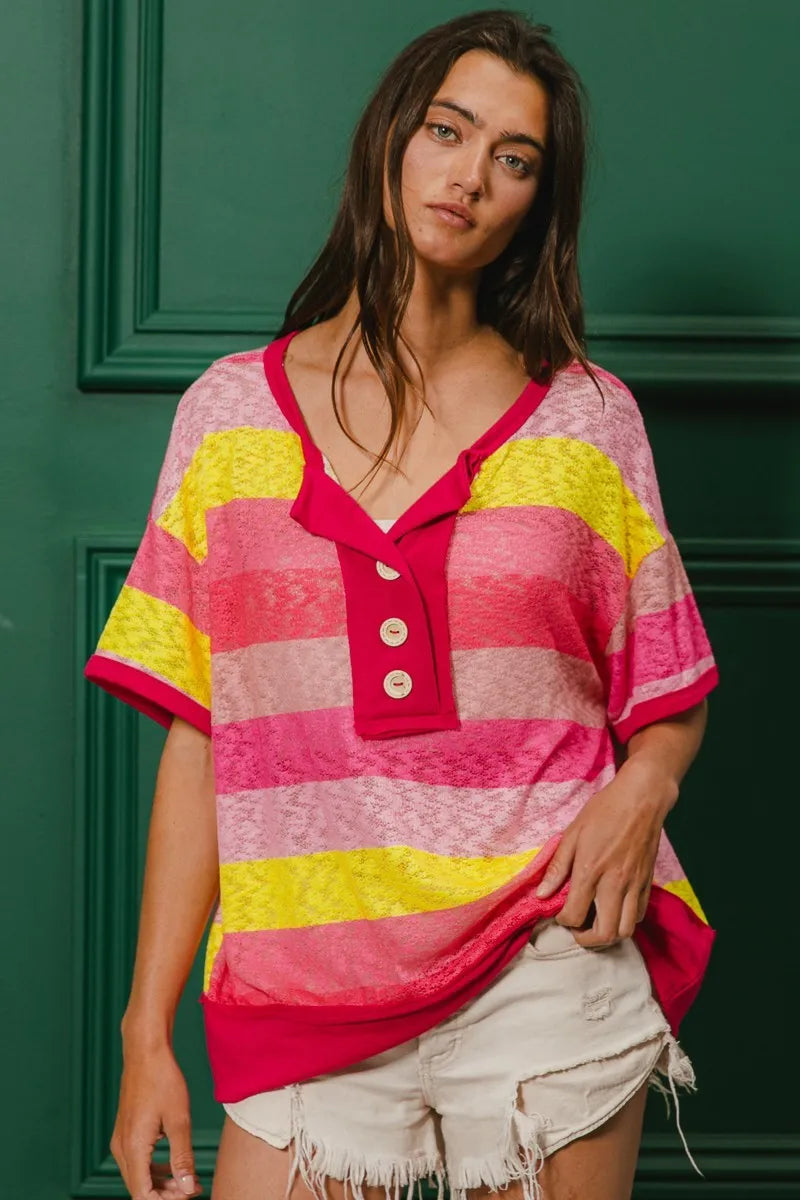 BiBi Multi Color Stripe Top Hacci Button Detail Ringer Short Sleeve T-shirt FUCHSIA YELLOW 1bdbfdbec3654c519272187f94a860ba-Max-Origin Trendsi