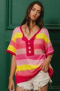 BiBi Multi Color Stripe Top Hacci Button Detail Ringer Short Sleeve T-shirt FUCHSIA YELLOW 1bdbfdbec3654c519272187f94a860ba-Max-Origin Trendsi