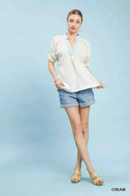 Umgee Blouse Cream Textured V-Neck Top with Lace Trim Details 1bdd5458-c3e7-436e-83ba-54a92ae03034-Max-Origin Trendsi
