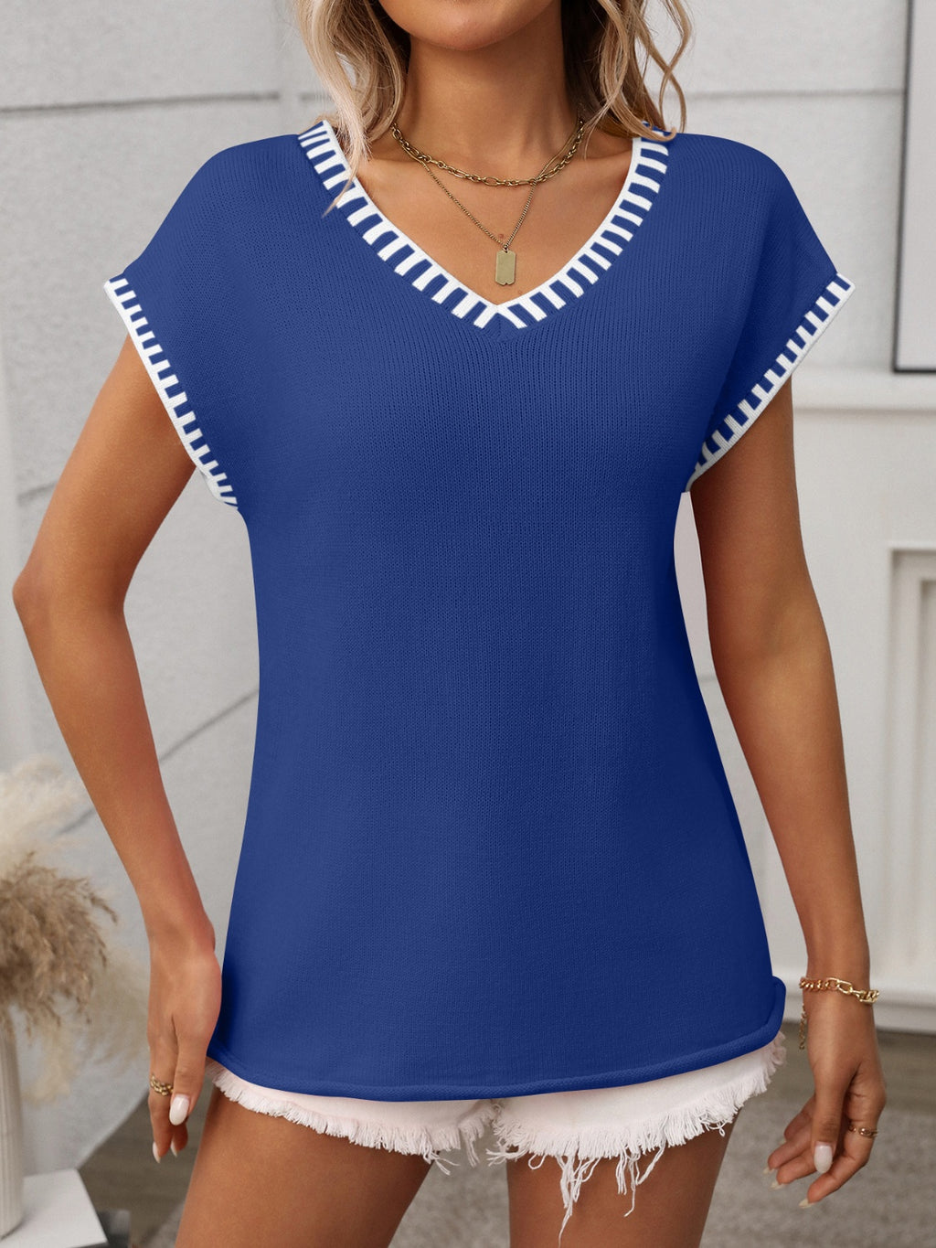 Women's Pullover Short Cap Sleeve Knit Top Contrast Stitch Trim V-Neck 1beceb6e-0e06-4947-830d-46cfd715182b-Max Trendsi