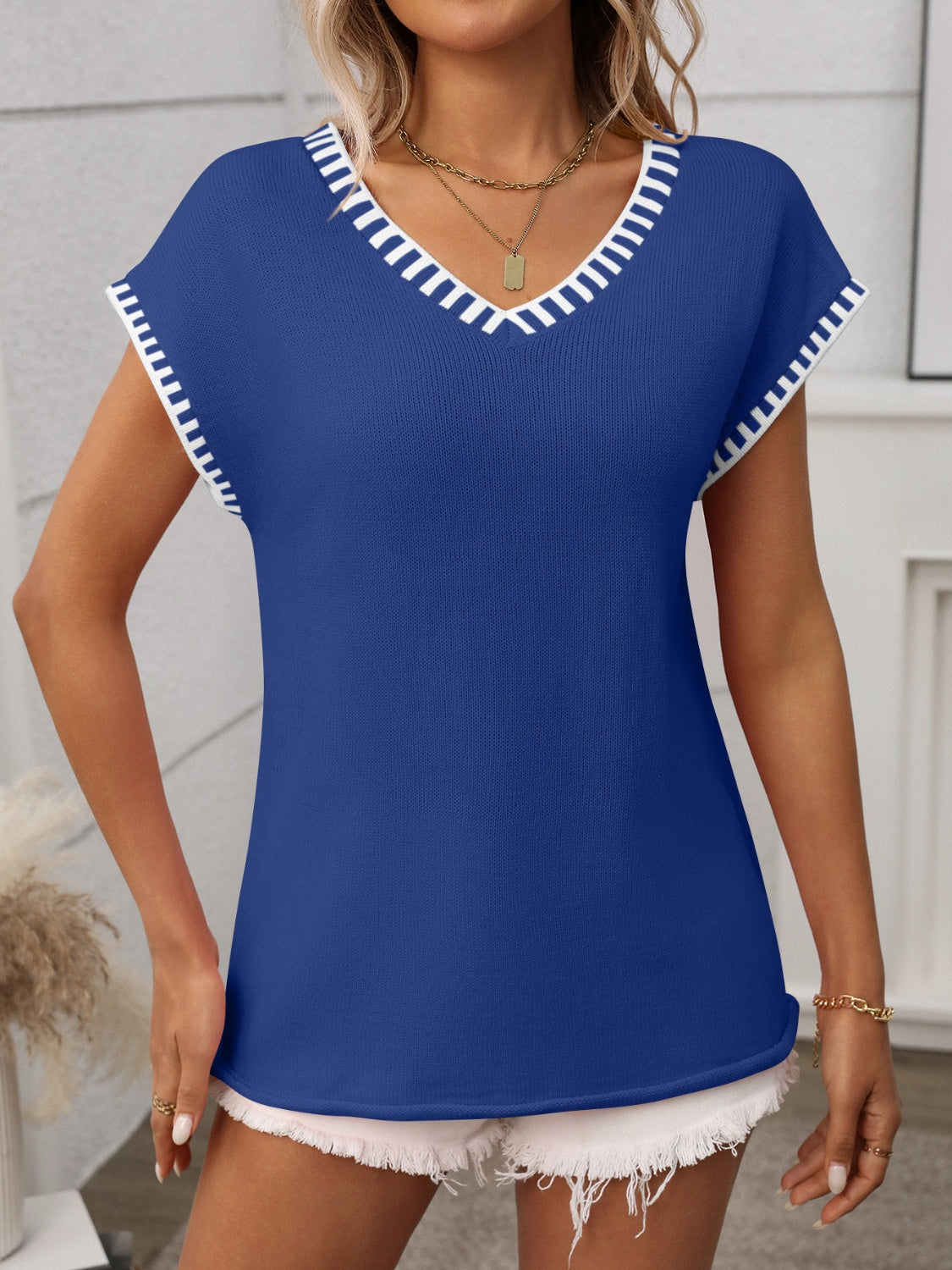 Women's Pullover Short Cap Sleeve Knit Top Contrast Stitch Trim V-Neck 1beceb6e-0e06-4947-830d-46cfd715182b-Max Trendsi