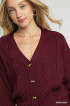 Umgee Womens Cardigan Burgyndy Chunky Cable Knit V-Neck Button-Up 1bee788c-098b-4f2d-8fd4-acf890ed8427-Max-Origin Trendsi