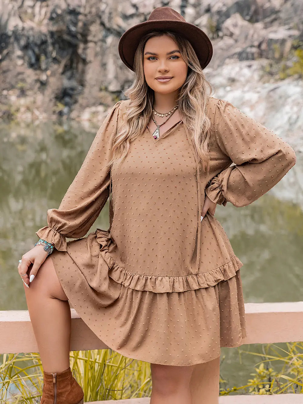 Plus Size Polka Dot Flounce Sleeve Mini Dress