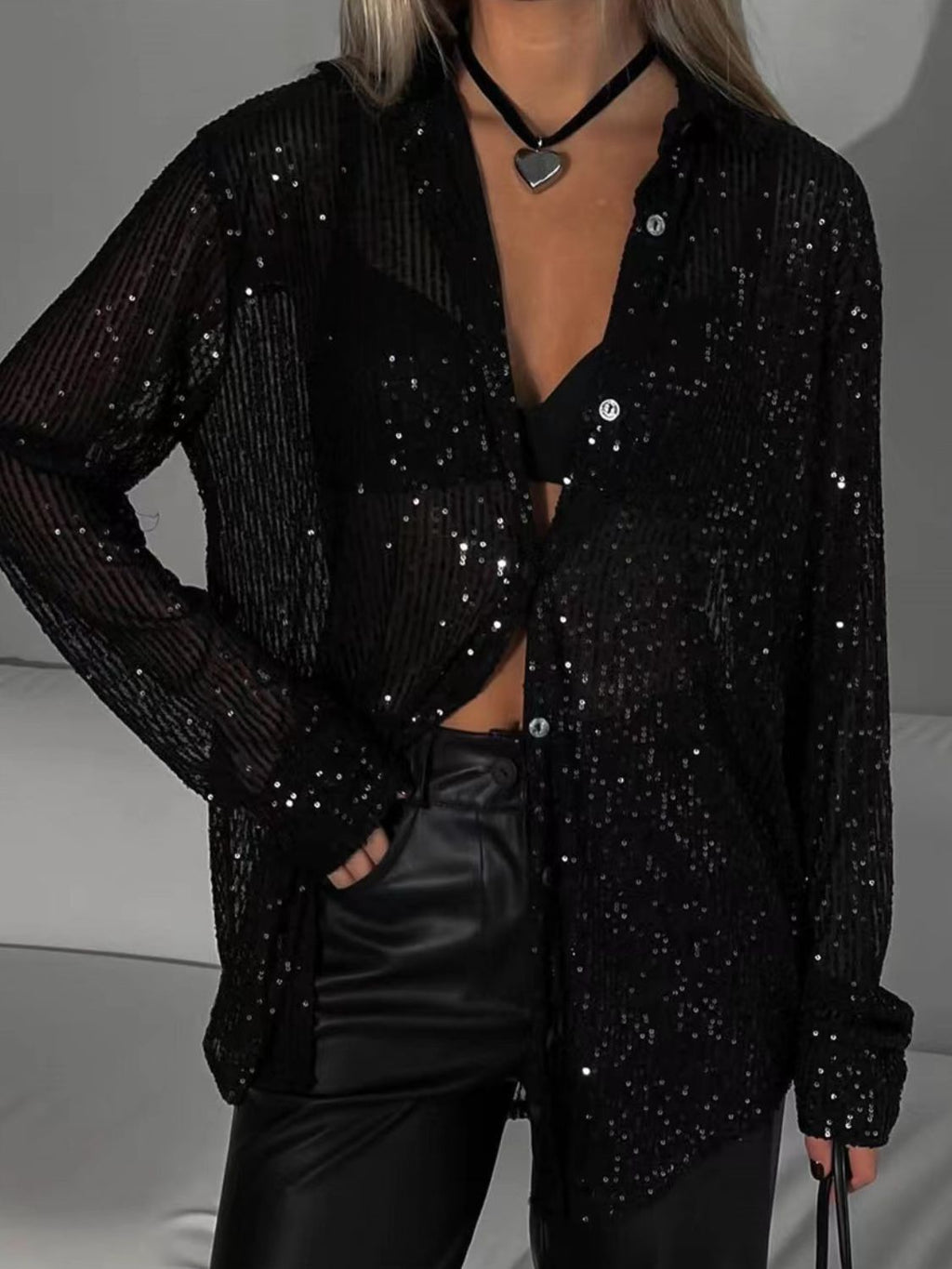 Women's Sequin Shirt Button Up Long Sleeve Sheer Fashionable Blouse Black 1bf44881-636a-41f4-a4c7-c2fda710402e-Max Trendsi