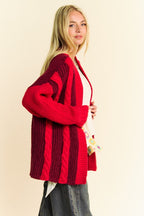 Davi & Dani Cable-Knit Cardigan Burgundy Stripe Women Loose Open Knitwear 1bff37b5-ed1a-445b-b7ea-fbda820e70a7-Max Trendsi