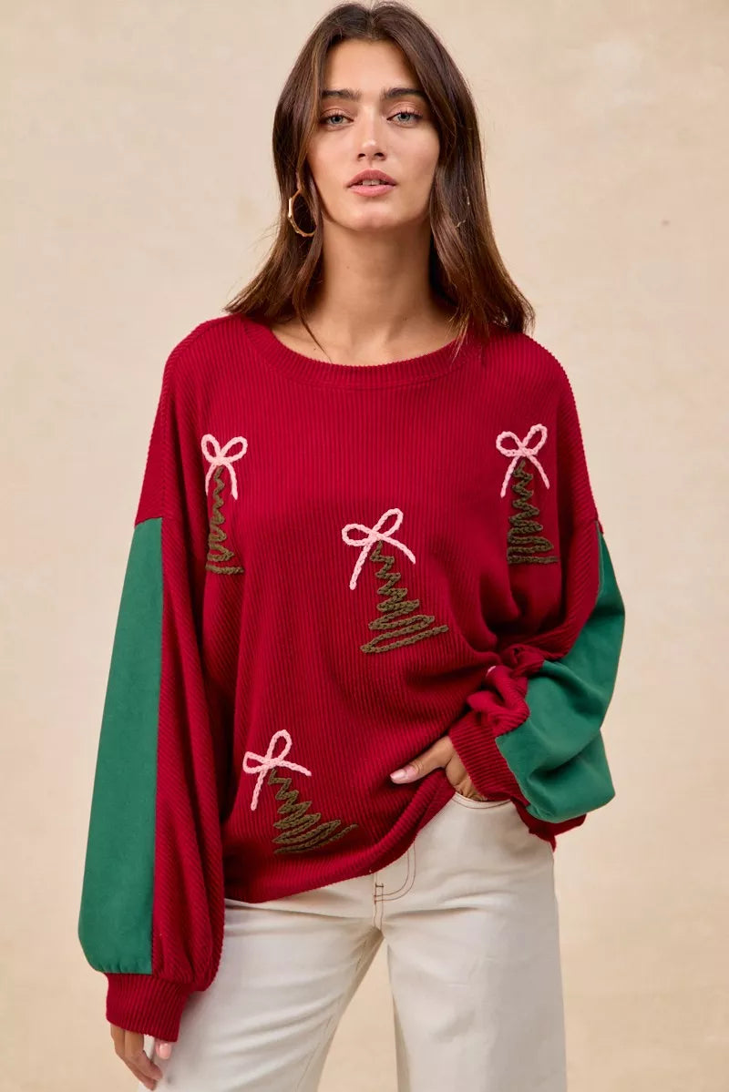 BiBi Womens Sweater Christmas Theme Tree Embroidered Red Pullover 1c13a60611cf4f50a2bb126558a48156-Max-Origin Trendsi