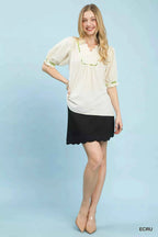 Umgee Women Blouse Ecru Scalloped Trim Top with Puff Short Sleeves 1c1b09b6-df64-402d-ba44-be786055c3b0-Max-Origin Trendsi