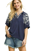 Umgee Floral Embroidered Sleeve Blouse