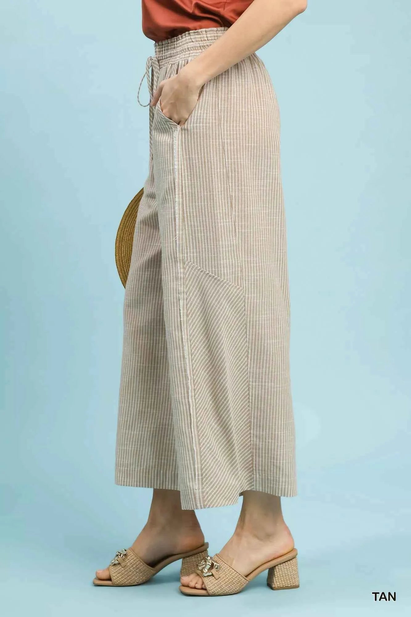 Umgee Wide Leg Pants Tan Striped Linen Blend Drawstring Waist Pocketed 1c1cac94-04bb-498e-80e4-fa897865d3b4-Max-Origin Trendsi