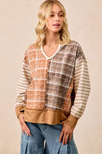 BiBi Womens Blouse Plaid And Stripe Mix And Match Top With Open Seam 1c1f015ec3bf40db89b17e743eaf61a4-Max-Origin Trendsi