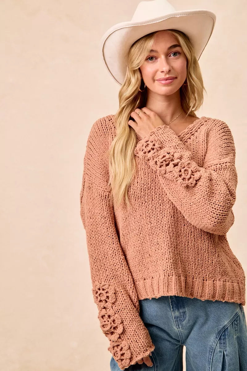 BiBi Womens Sweater Chunky Knit with Flower Detail Sleeves Peach 1c238f136f1042fdbe763c437aa000db-Max-Origin Trendsi