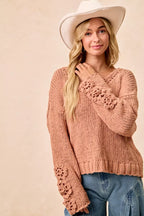 BiBi Womens Sweater Chunky Knit with Flower Detail Sleeves Peach 1c238f136f1042fdbe763c437aa000db-Max-Origin Trendsi