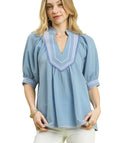 Umgee Textured Jacquard Top with Contrast Trim