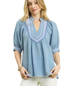 Umgee Textured Jacquard Top with Contrast Trim