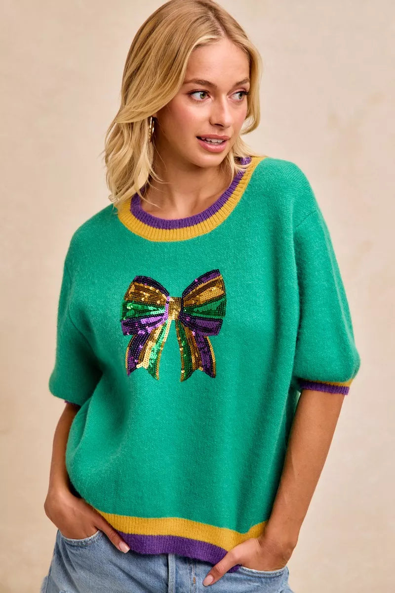 BiBi Sweater Green Mardi Gras Sequin Ribbon Patched Short Sleeve 1c2bd1624ecb4f63ab784ada1a5d4c38-Max-Origin Trendsi