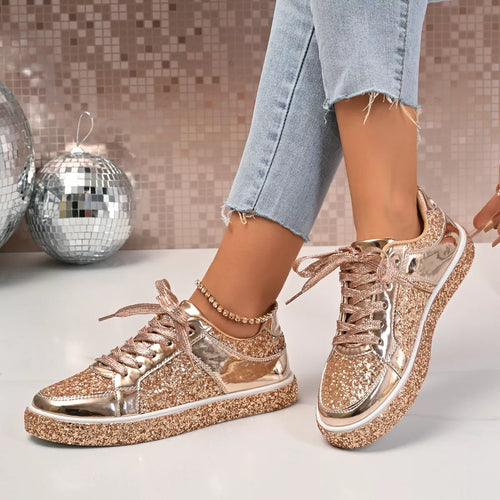 Women's Sneakers Sequin Lace Up Casual PU Leather Shoes