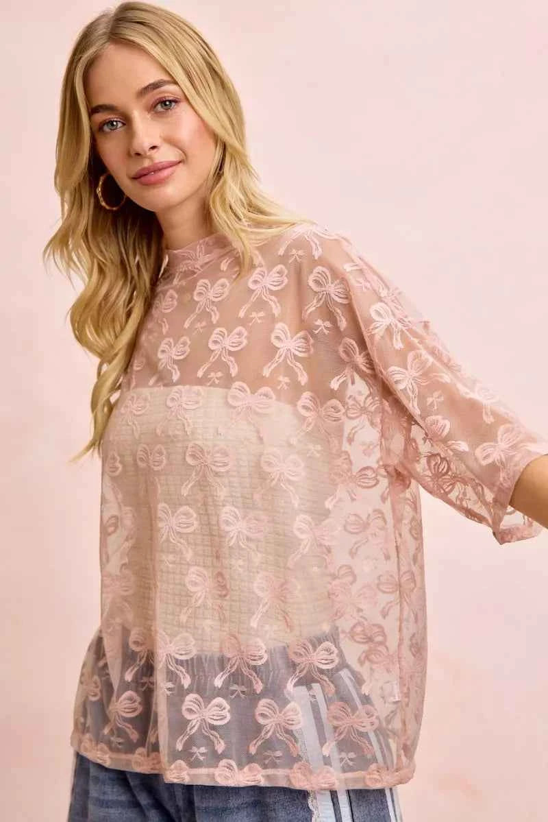BiBi Bow Pattern Short Sleeves Boxy Mesh Top