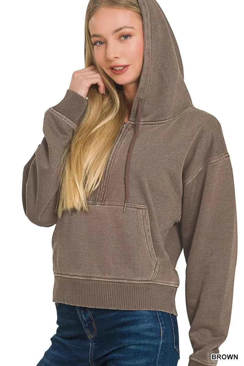 Zenana Fleece Hoodie Brown Pigment Dye Half Zip Kangaroo Pocket Top 1c52bfc767a84076a618ab4998b3cafb-Max-Origin Trendsi