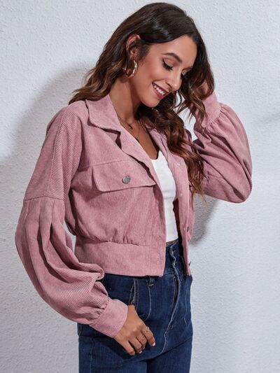 Cropped Jacket Women's Button Down Collared Long Sleeve with Flap Pockets Dusty Pink 1c53c23b-61ae-4f86-8064-be359c5643ad-Min Trendsi