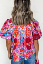 Floral Women's Blouse Pleated Colorful Red Buttoned Puff Short Sleeve 1c5503ed-55e3-4eb5-9de1-38a11c9246a2-Max-Origin Trendsi
