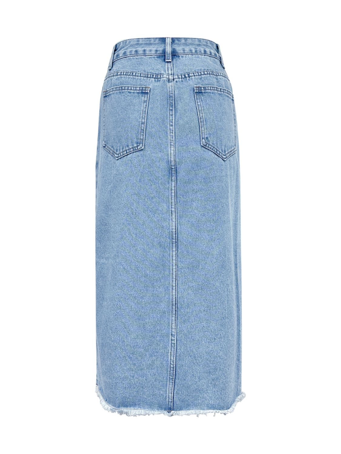 Midi Denim Skirt Front Slit Asymmetrical Waistband Blue Light Wash Skirts