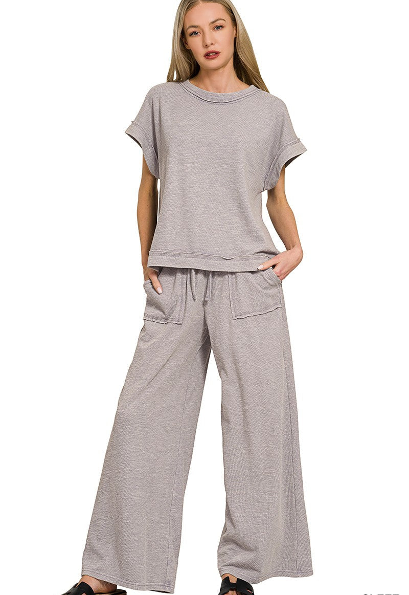 Zenana Washed Slub Short Sleeve Tee & Long Pants Set