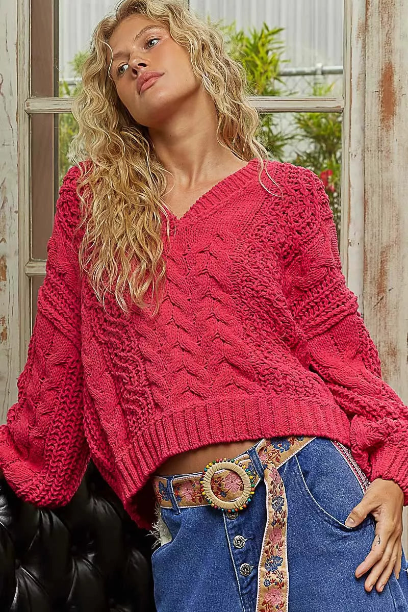 POL Womens Sweater Fuchsia Cable-Knit Solid V-Neck Cropped Oversized 1c692732-f368-4bf8-8526-964442d90910-Max-Origin Trendsi