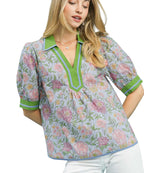 Umgee Mixed Floral Puff Sleeve Blouse with Contrast Coral Trim and V-Neckline