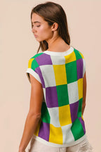 BiBi Womens Sweater Knit Top Mardi Gras Checker Pattern Sleeveless 1c787c1d9c26414599bb528d59f34de4-Max-Origin Trendsi