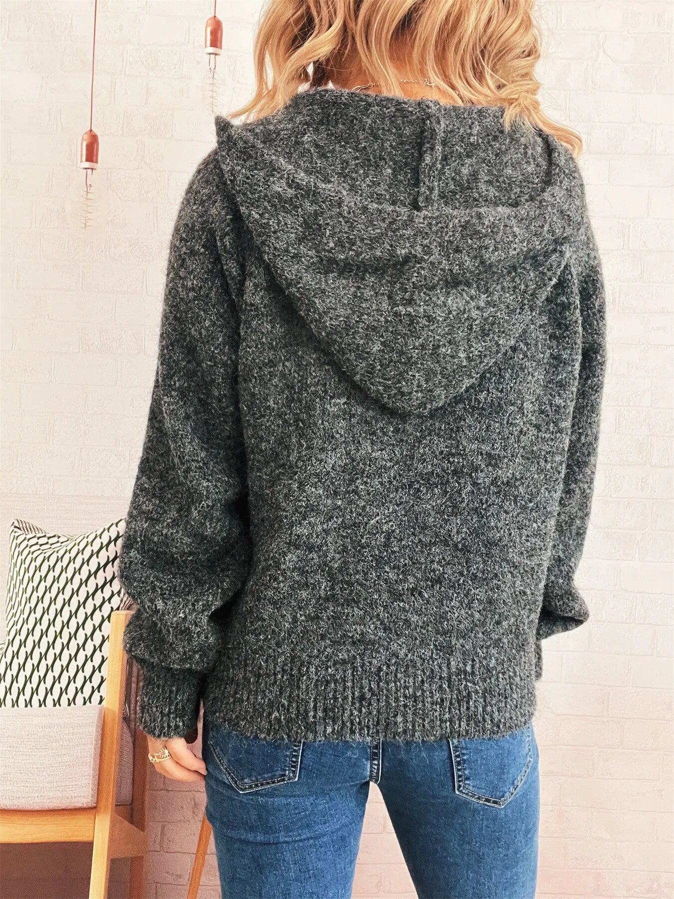 Women's Sweater Quarter Zip Hooded Ribbed Hem Long Sleeve Knitwear 1c7e726280c0486ba63b8534891fda0e-Max-Origin Trendsi