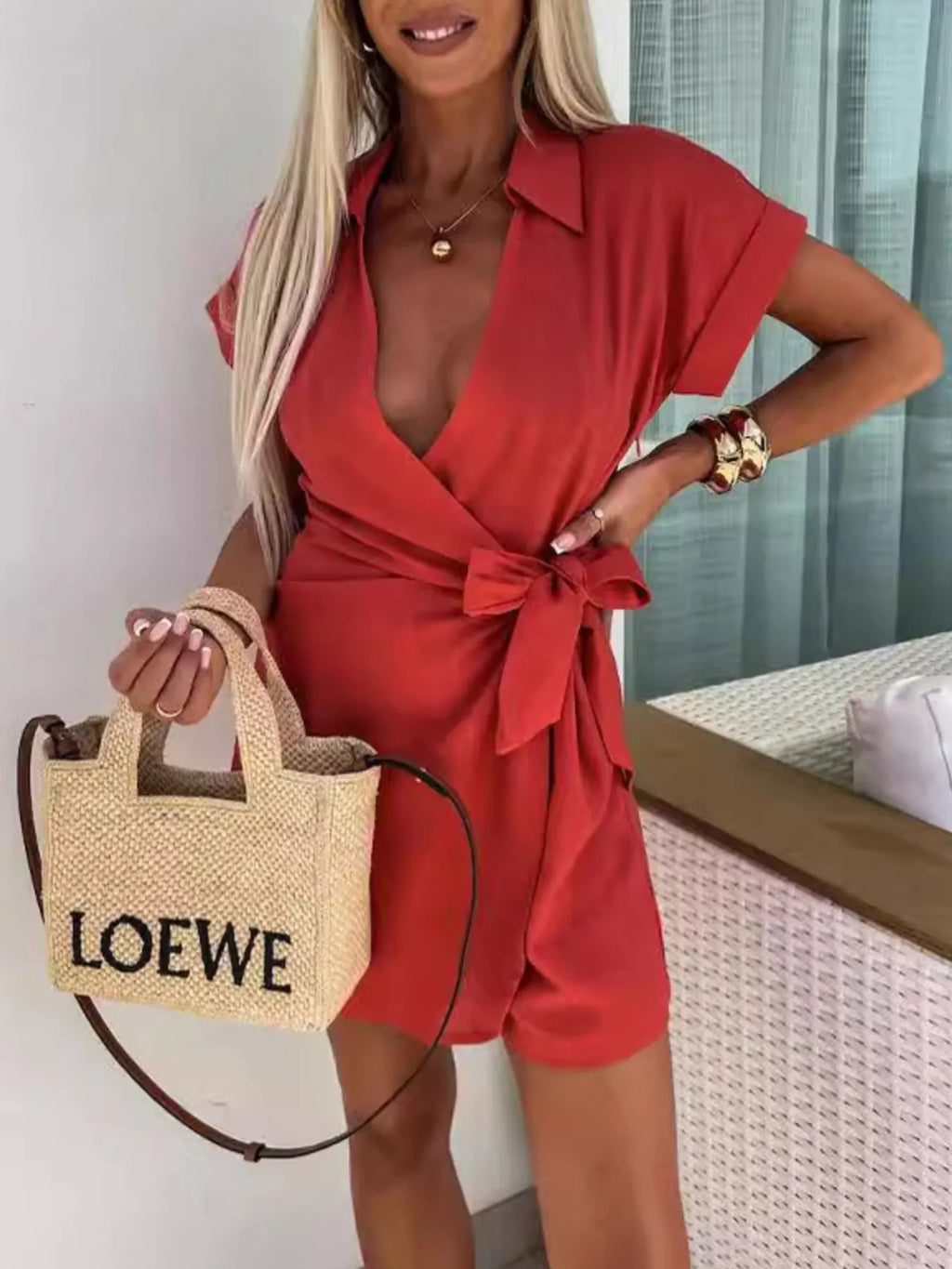 Women's Romper Surplice Bow Tie Waist Short Sleeve Collared Jumpsuit Deep Red 1c94a153-d0da-4f66-a9a0-d3e0d907f902-Max-Origin Trendsi