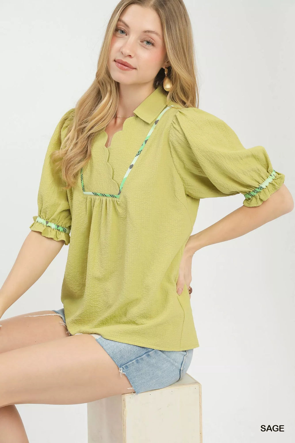 Umgee Blouse Sage Scalloped Trim Top with Puff Short Sleeves 1c95e864-c2b6-4c63-af6b-c2c8398440c1-Max-Origin Trendsi