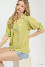 Umgee Blouse Sage Scalloped Trim Top with Puff Short Sleeves 1c95e864-c2b6-4c63-af6b-c2c8398440c1-Max-Origin Trendsi