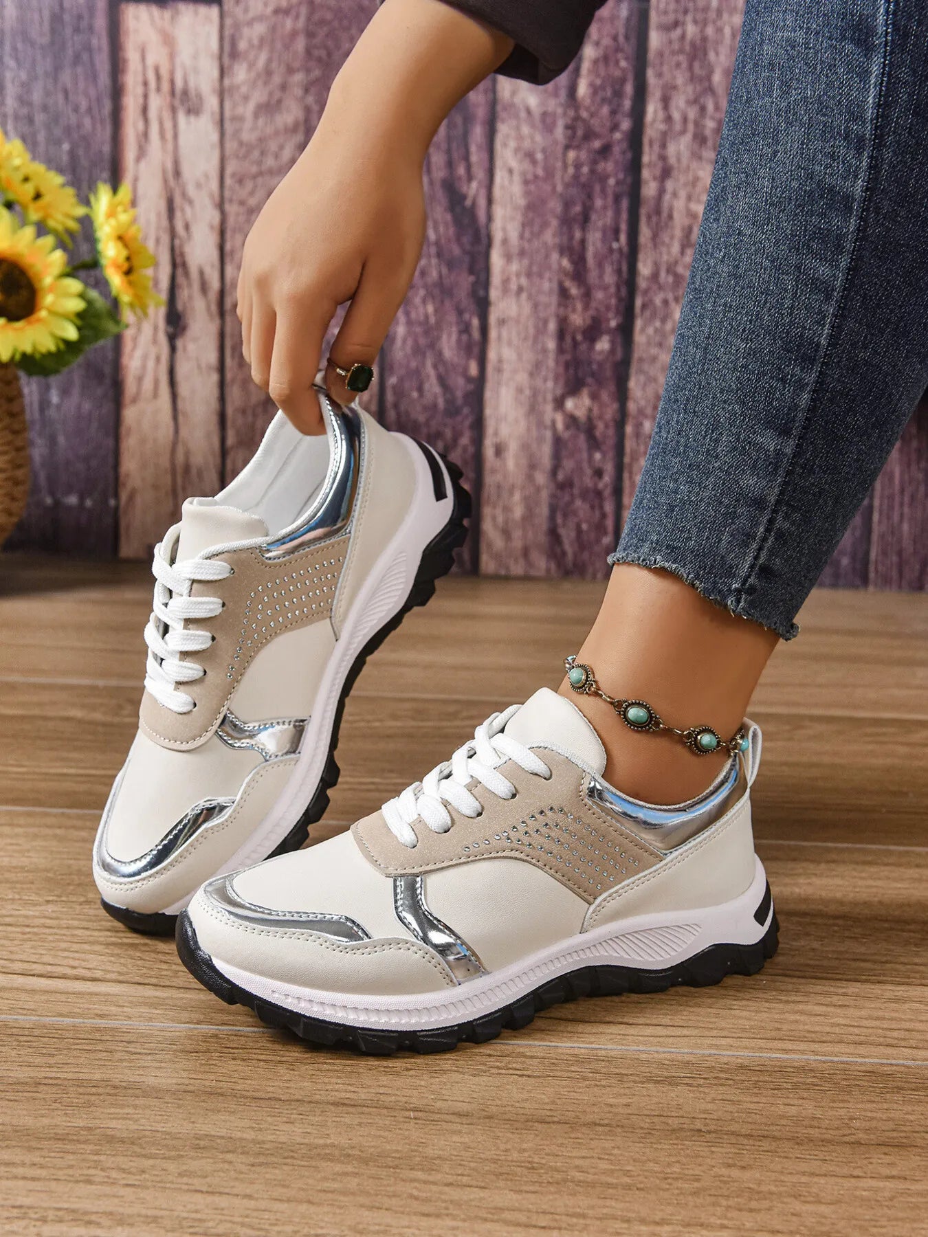 Women's Sneakers Pu Leather Rhinestone Lace Up Round Toe Low Heels Shoes 1c96cc378c3e469093c6c5a6084d9f38-Max-Origin Trendsi