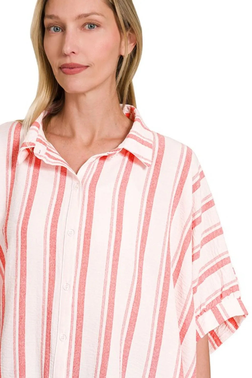 Zenana Shirt Woven Yarn-Dye Coral Stripe Oversized Short Sleeve Top 1c98f53f-caca-4b84-ae5a-ca4fe35edfd9-Max-Origin Trendsi