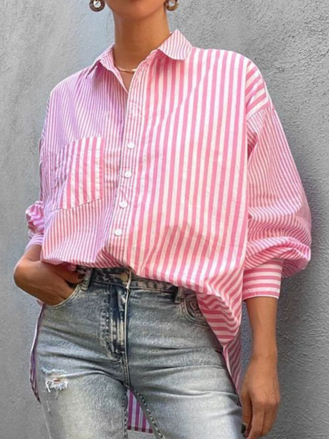 Women's Striped Shirt Button Down Long Sleeve Pink Pocketed Blouse Top 1cb34af6-1b45-40af-a488-7c9359750f46-Max Trendsi