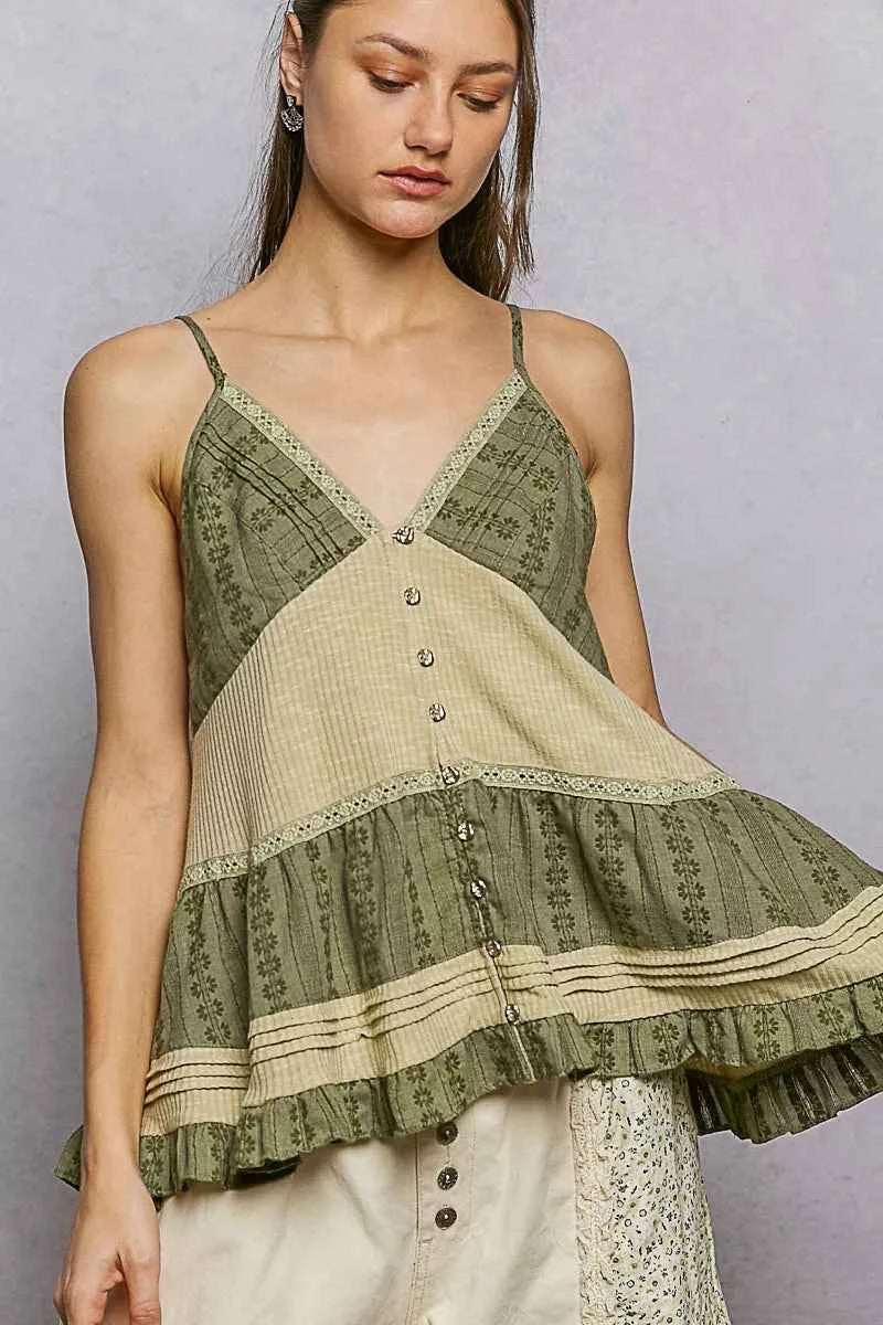 POL Button Front V-Neck Ruffled Cami with Pintuck Accents
