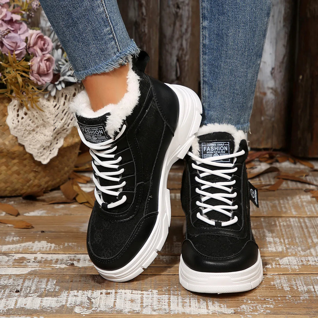 Women's Sneaker Boots High-Top Platform Chunky with Lace-Up Fluff Shoes Black 1cb98c495ee84760b89115f45d54eef9-Max-Origin Trendsi