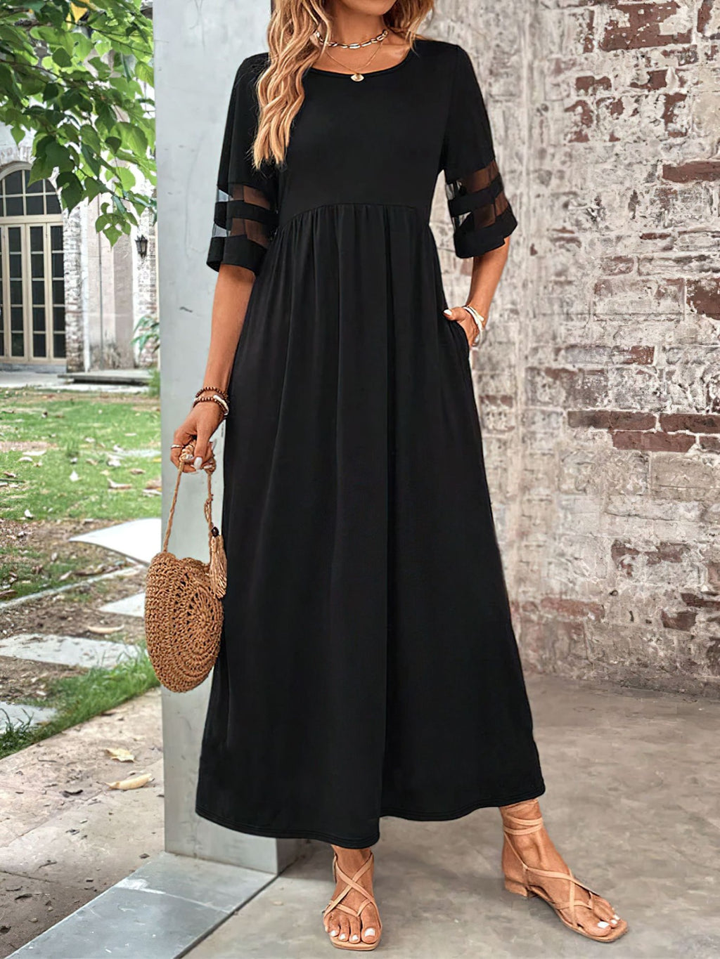 Plus Size Round Neck Dress with Mesh Sleeves and Pockets
