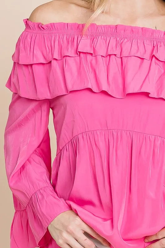 Lime 'N' Chili Ruffled Top Fuchsia Pink Trumpet Sleeve Off-The-Shoulder Blouse 1cc55c6e81f24280812160b963473c59-Max-Origin Trendsi