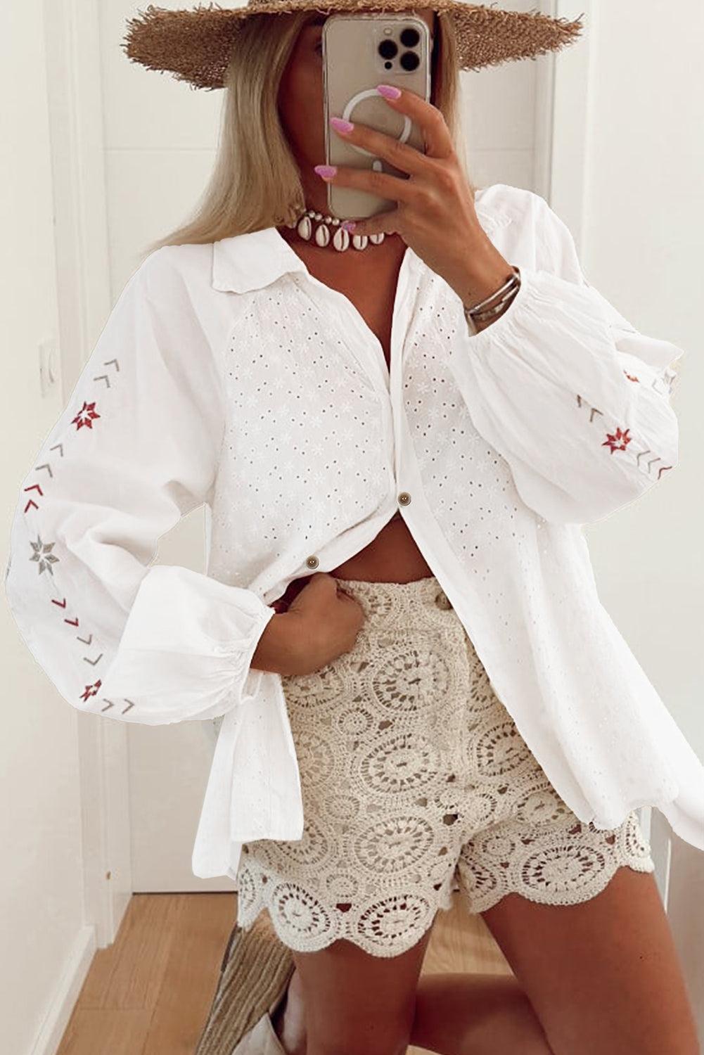 White Shirt Embroidered Eyelet Collared Neck Long Sleeve Blouse 100% cotton