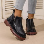 Women's Boots Pu Leather Side Zipper Round Toe Block Mid Heels Shoes Black 1cc89c4f0bb04002a50d55a16fefab21-Max-Origin Trendsi
