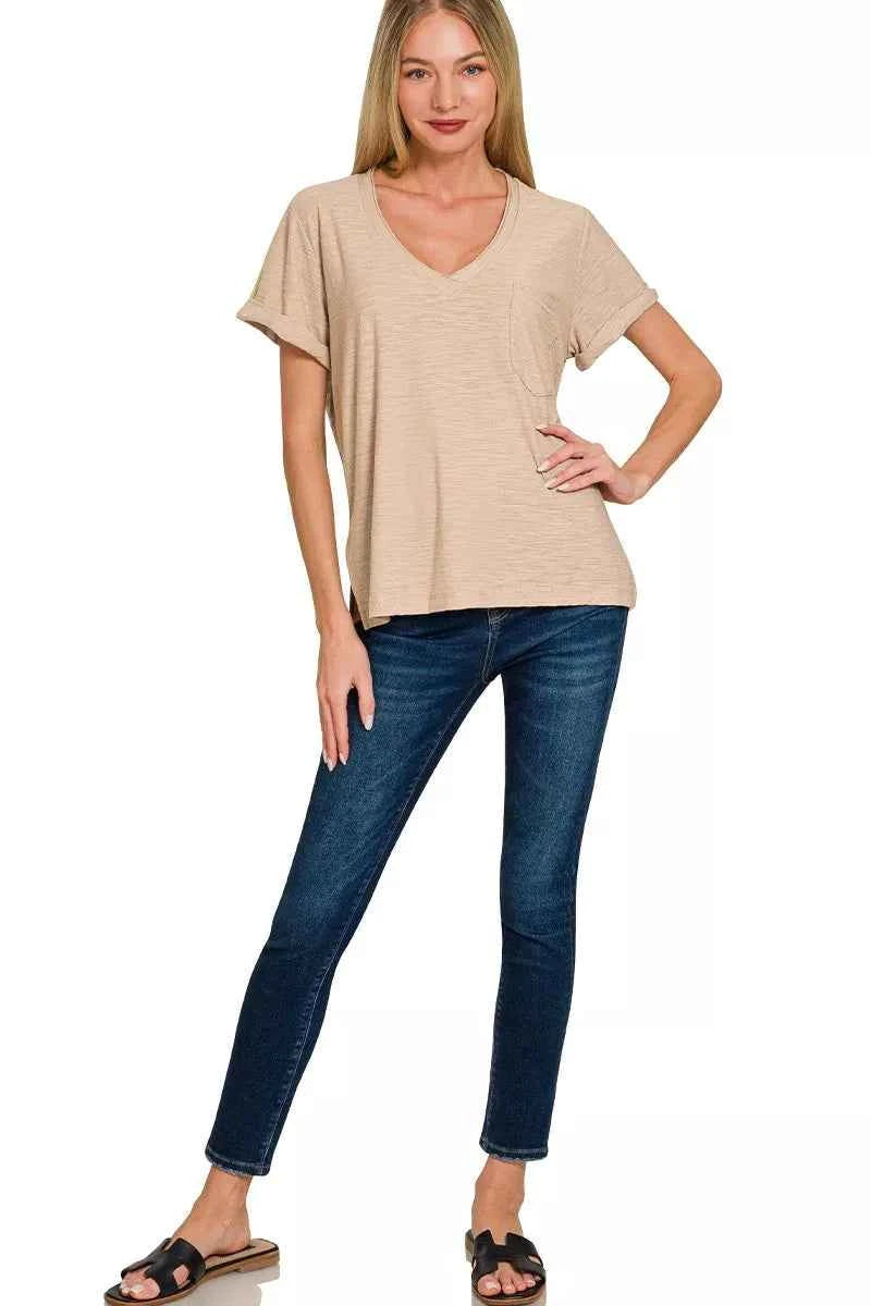 Zenana Slub Rolled Short Sleeve V-Neck Tee 1ccedf84f4004665a1e1d20f9272177a-Max-Origin Trendsi