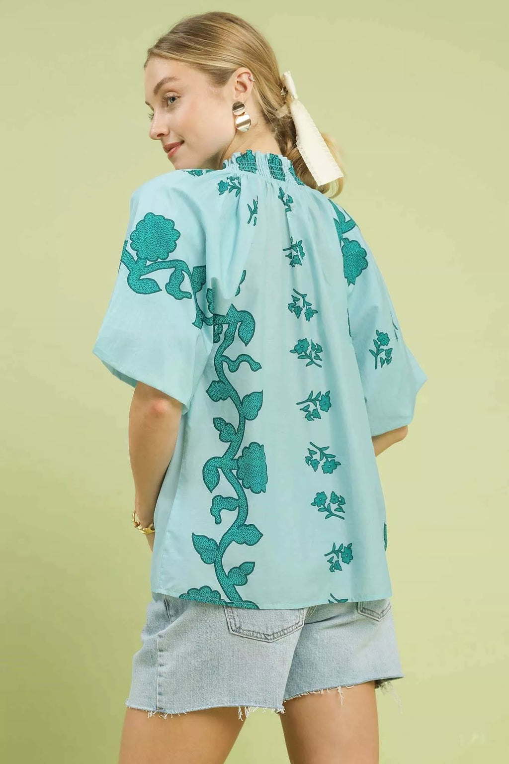 Umgee Womens Blouse Teal Floral Smocked Notched Puff Short Sleeve Top 1cdf3ac4-3b79-421b-8985-1a466e5cad58-Max-Origin Trendsi