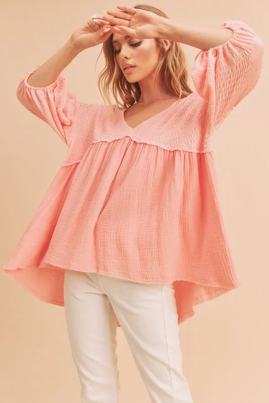 Aemi + Co Blouse Oversized High-Low Frayed Hem V-Neck Half Sleeve Watermelon pink 1cdf8fe9-9557-4099-acdd-239d57e3490f-Max-Origin Trendsi