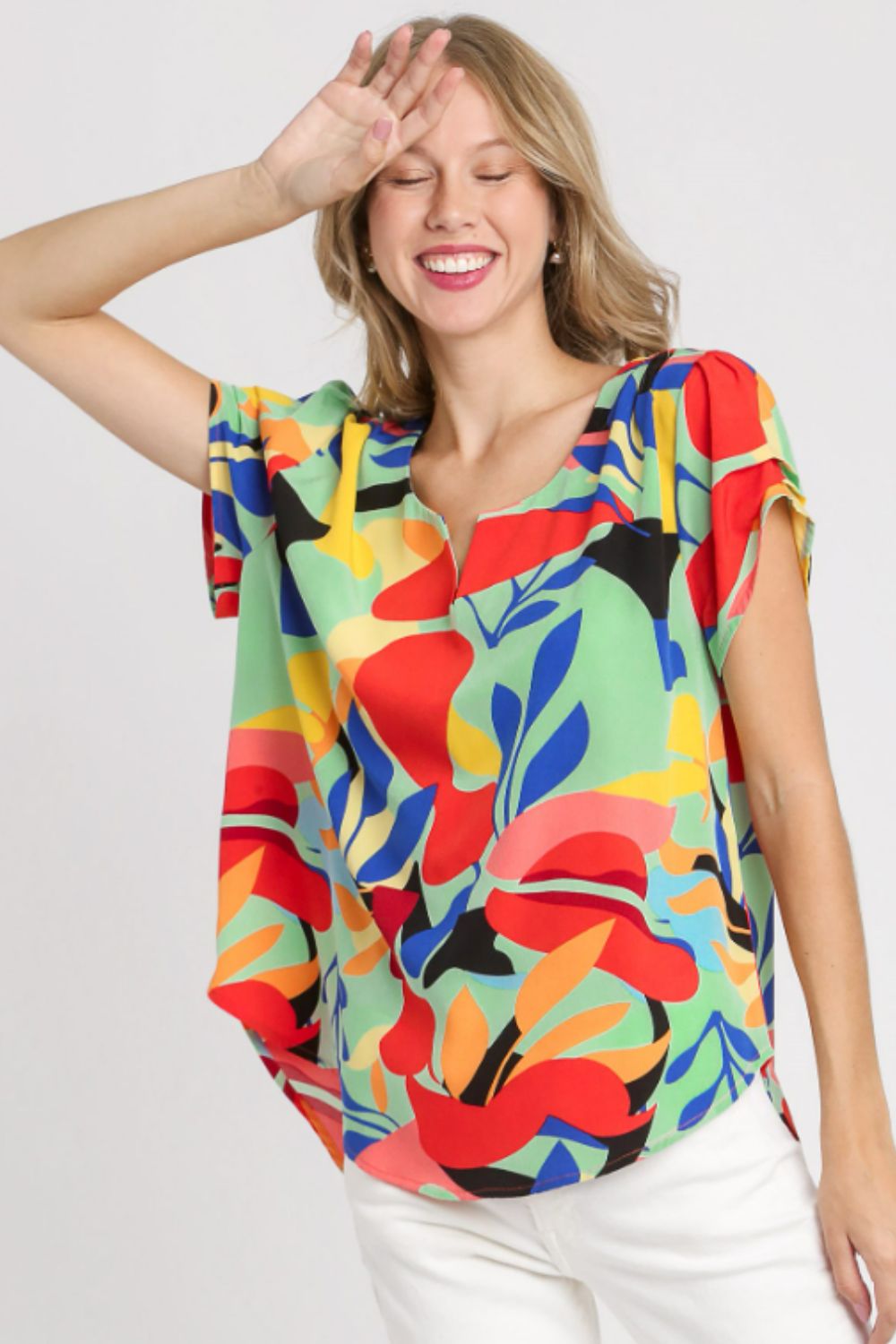 Umgee Top Colorful Abstract Print Short Sleeved Ruched Blouse Light Green 1ce1f9b4-a4ac-4a96-9edd-2a788e7bc60e-Max Trendsi