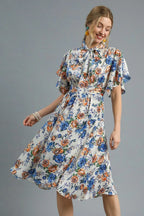 Umgee Floral Dress Royal Blue Flutter Sleeve Bow Tied Collar Knee Length Royal Blue 1cec05d6-f95c-4309-829c-c3ced58ad4e7-Max-Origin Trendsi