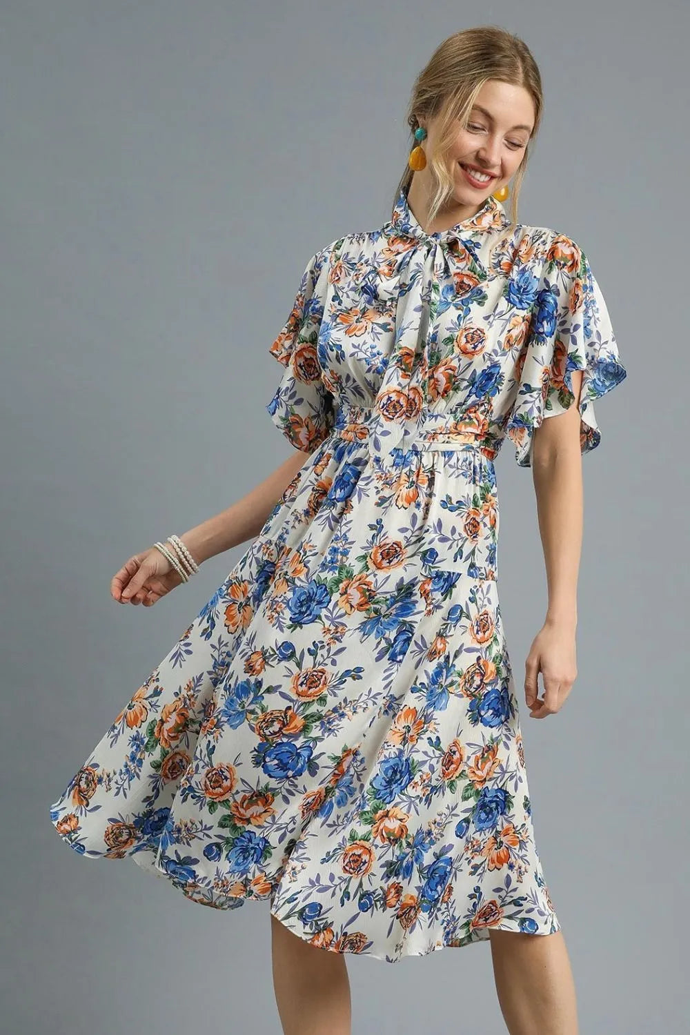 Umgee Floral Dress Royal Blue Flutter Sleeve Bow Tied Collar Knee Length Royal Blue 1cec05d6-f95c-4309-829c-c3ced58ad4e7-Max-Origin Trendsi