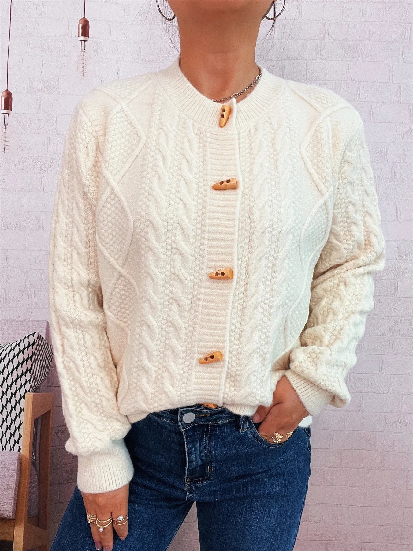 Women's Cardigan Cable Knit Button-Up Long Sleeve Knitwear 1cef1b2570b04d68b04b3e7ae8c84f87-Max-Origin Trendsi